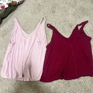 TWO Free People Ribbed V Neck Flowy Tank Tops - Burgundy & Blush Set Size Medium